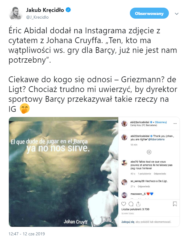 TAJEMNICZA WIADOMOŚĆ dyrektora sportowego Barcy, Erica Abidala na Instagramie